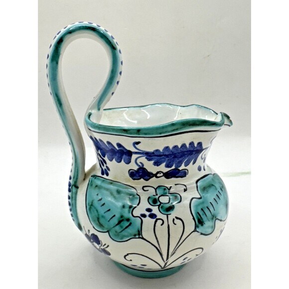Itialian Other - Hand-painted Italian Pitcher Small Blue Teal green Cat animal Flowers 5” Tall
